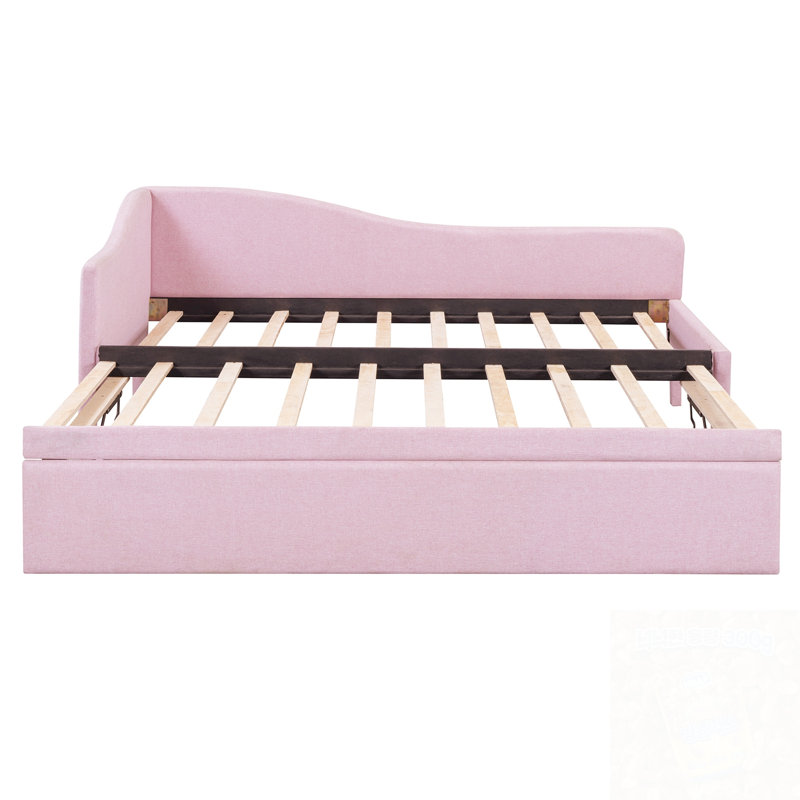 Twin Size Upholstered L-Shaped Daybed with Pop Up Trundle, Pink