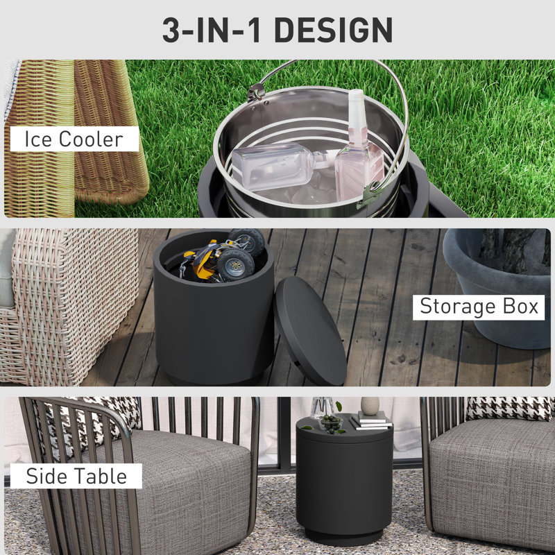 Table basse d'extérieur 2,6 gallons, table basse 3 en 1 avec rangement, seau à glace amovible et couvercle, petite table de patio en béton pour les fêtes, la piscine, la terrasse, gris anthracite