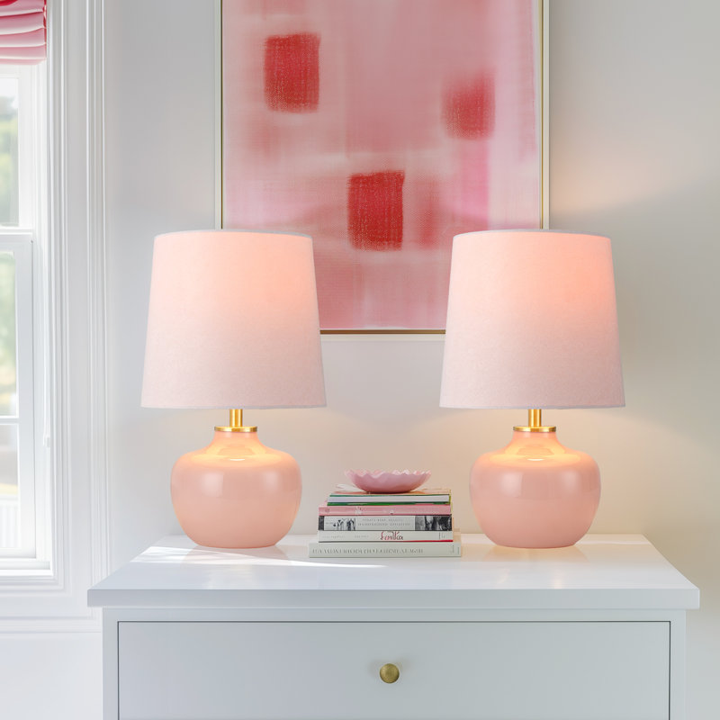 15 inch Pink Glass Kids Table Lamp Set with Velvet Shade for Girls Bedroom, Nursery