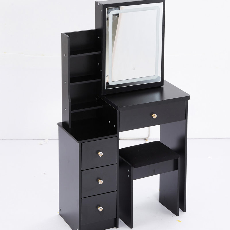 Small Vanity Table With Cushioned Seat & Touch Control Led Mirror, 3 Colour Choices Adjustable , Black , American Fashion Small Space Sliding Brightness And Adjustable, Stool,