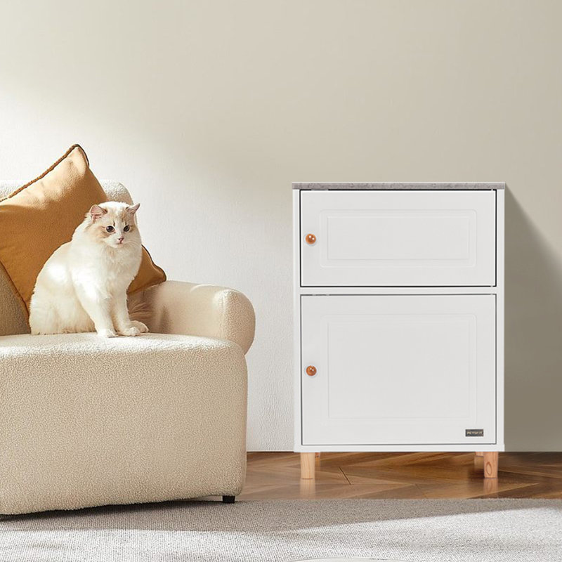 Enceinte de litière pour chat, conception sans odeur, armoire de rangement, facile à nettoyer et élégante boîte à litière pour chat blanche