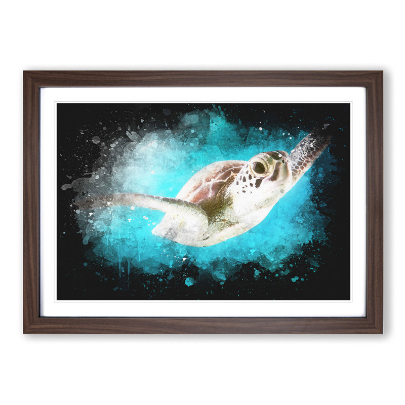 Green Turtle - Picture Frame Graphic Art Print, 33cm H x 45cm W x 2cm D, Walnut Framed