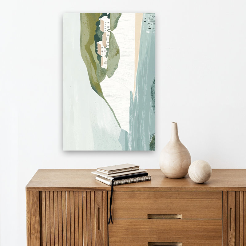 Coastal Homes On Green Hills Serene Tranquil Abstract Coastal Wall Art Print 1 Piece Wrapped Canvas Wall Art