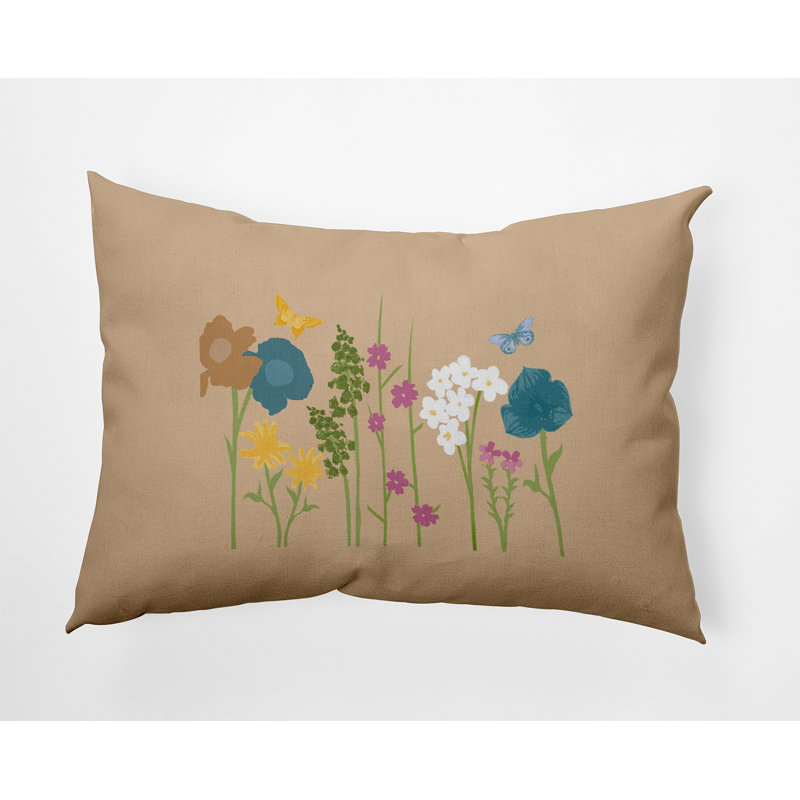 Taupe Floral Polyester Reversible Throw Pillow