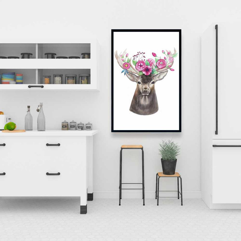 Deer Head with Flowers - Wildlife Framed Canvas Art