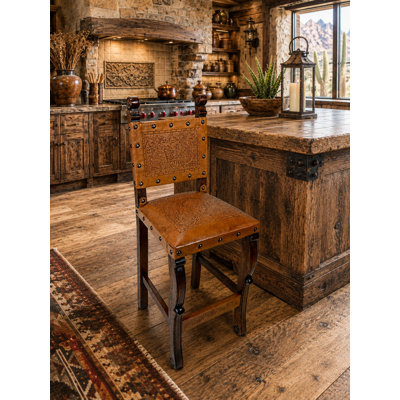 Olivos Upholstered Genuine Leather Counter Stool with Solid Wood Frame