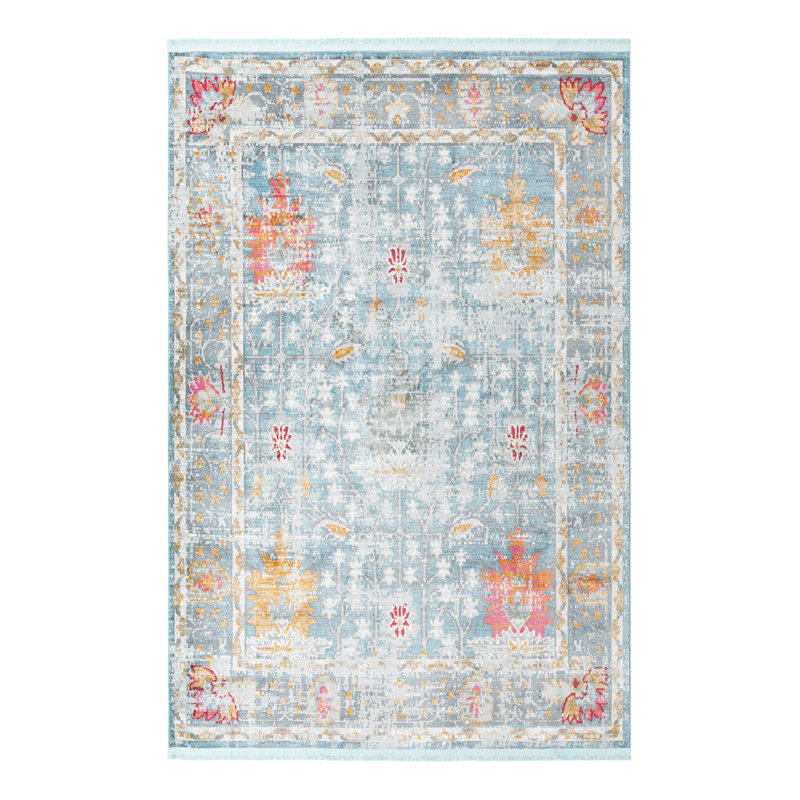 Tapis bleu à motif floral Haefner, Rectangle 5 pi 5 po x 8 pi