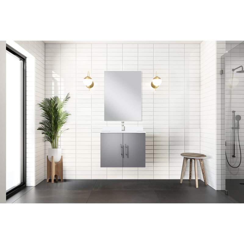 24 po L x P 22 po. Meuble-lavabo gris foncé, comptoir en quartz blanc, robinet et miroir de 18 po inclus