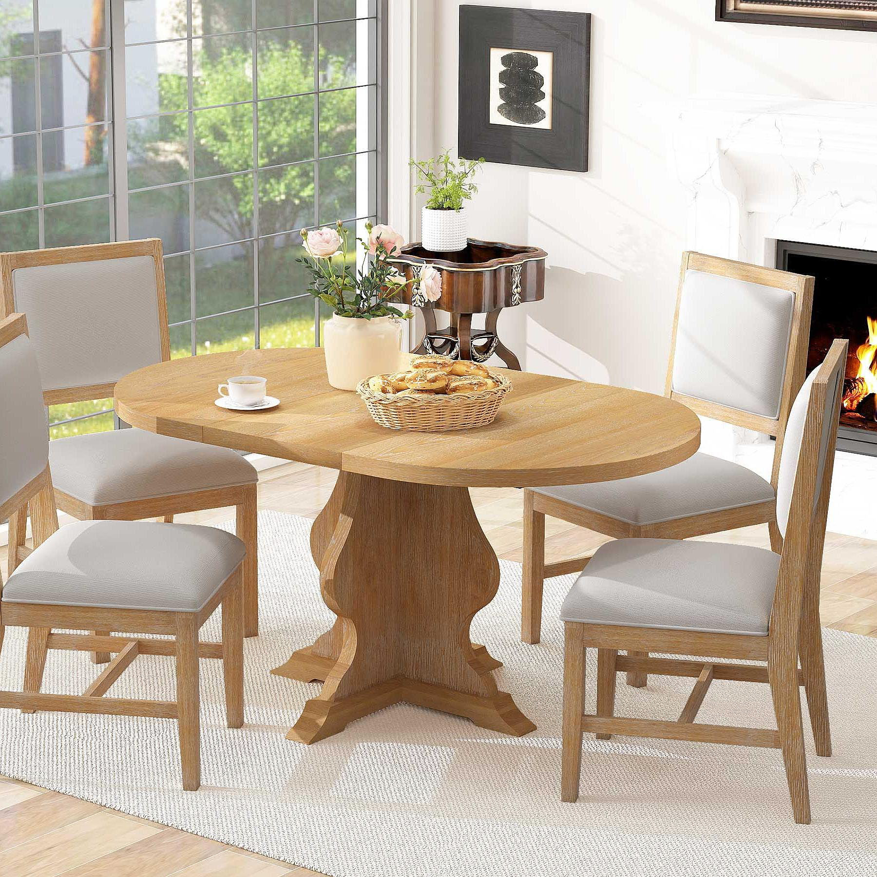 August Grove Farmhouse 5-Piece Dining Table Set With 4 Upholstered ...