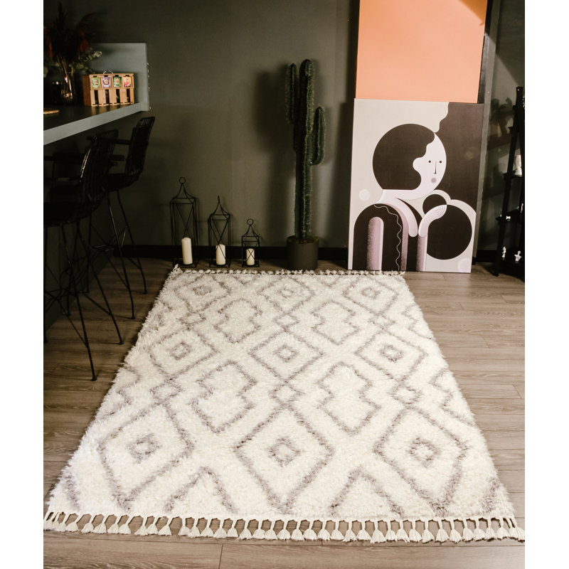Tapis rectangulaire blanc / gris en polyester tissé à la machine, Rectangle 6 pi 7 po x 9 pi 6 po