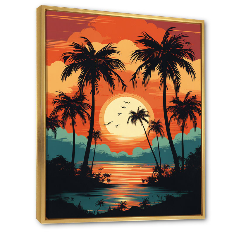 Soleil couchant sur des palmiers, illustration rétro sur toile, H 20 po x l 12 po, Cadre flottant doré