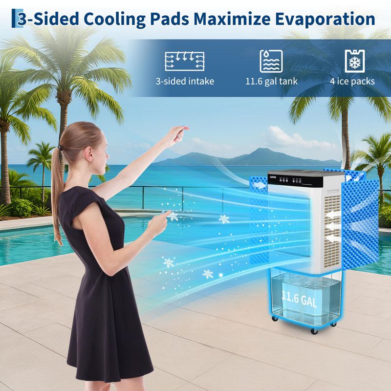 Air Cooler 3500 CFM Evaporative Air Cooler with 11.6Gal Water Tank, 4 Ice Packs, 3-Speed, 120° Oscillation, Remote Control and 12H Timer, 150W Portable Floor Standing Fan for Workshops, Garage