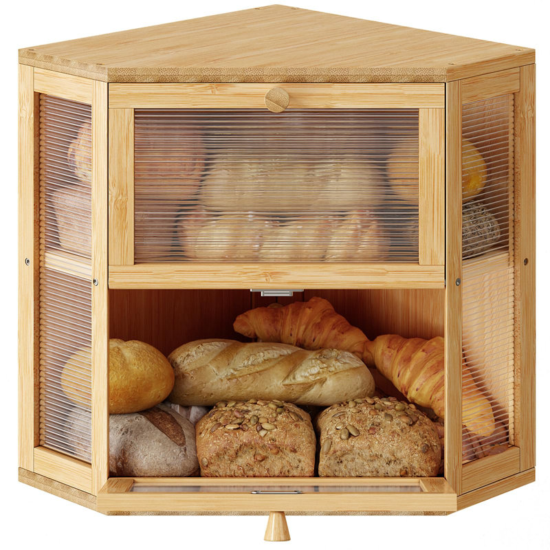 Boîte à pain de coin pour comptoir de cuisine, contenant de rangement à pain en bambou double couche, grande boîte à pain de ferme avec panneau de porte ondulé en acrylique, organisateur sous l'armoire (naturel)
