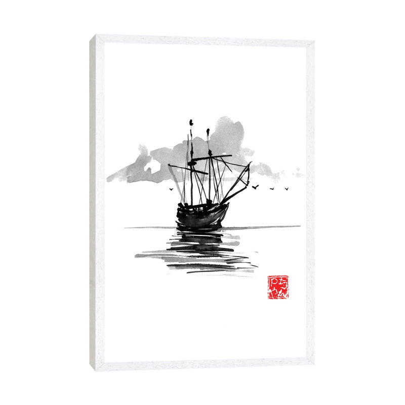Boat by Péchane - Painting on Canvas, 152.5 cm H x 101.5 cm W, White Framed