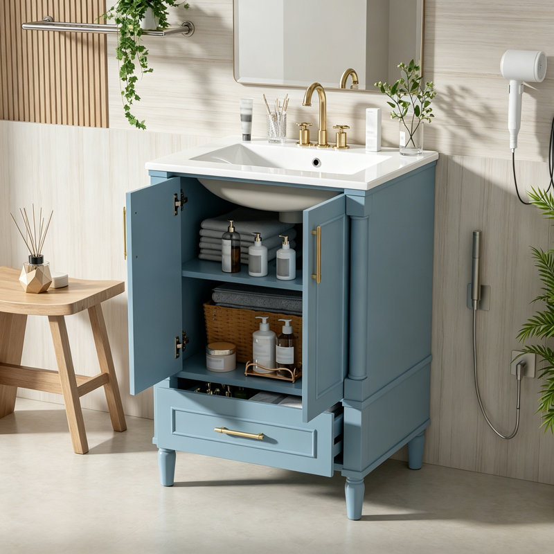 Meuble-lavabo moderne avec tiroir et dossier ouvert, Light Blue