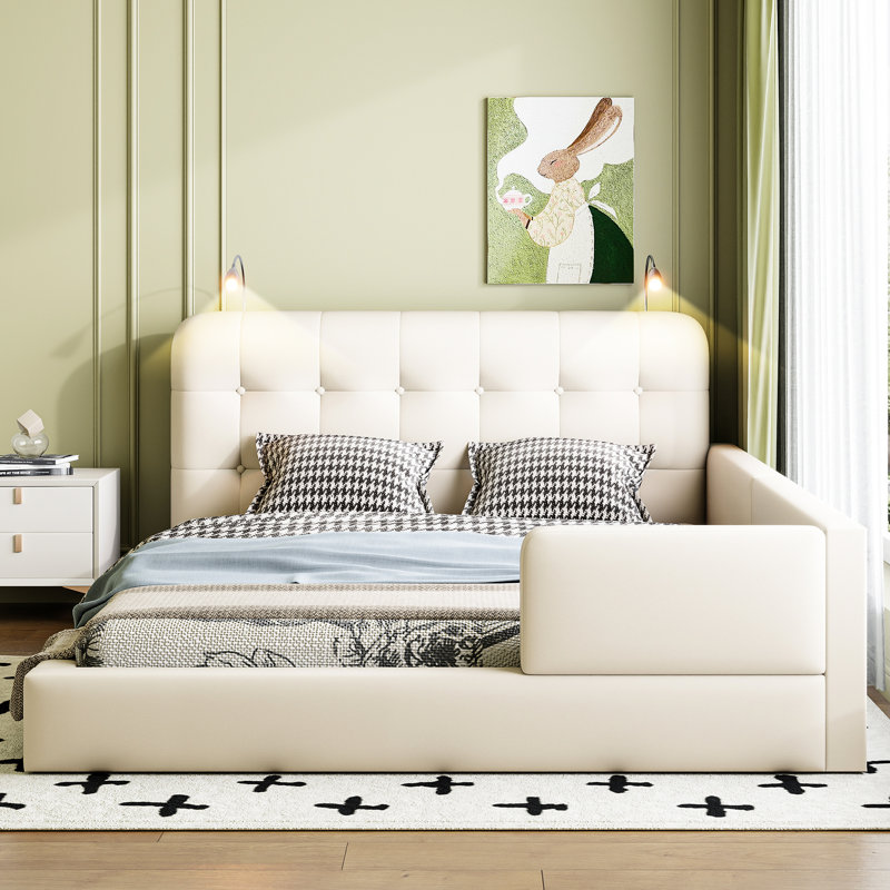 Grand lit plateforme tapissier avec 2 lampes de lecture, blanc