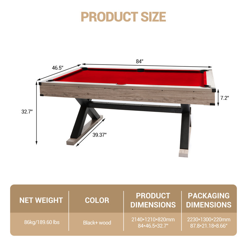 Ensemble de table de billard 7 pieds avec accessoires, table de billard industrielle avec pieds en X, 2 boules, triangle, craie et brosse, table de jeu peu encombrante pour salle de jeu, sous-sol, rouge