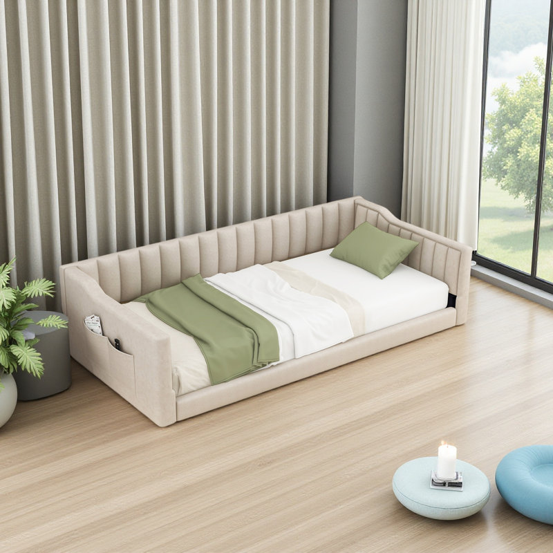 Upholstery Daybed And Side Storage Pocket, Beige, Twin