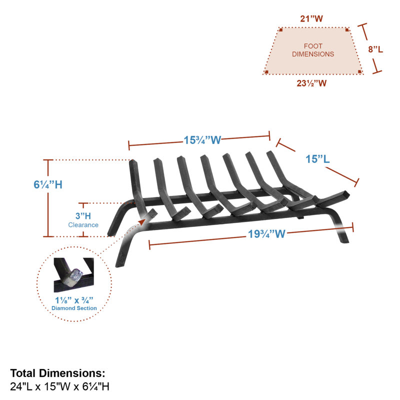 24-Inch Black Steel Tapered Hearth Grate