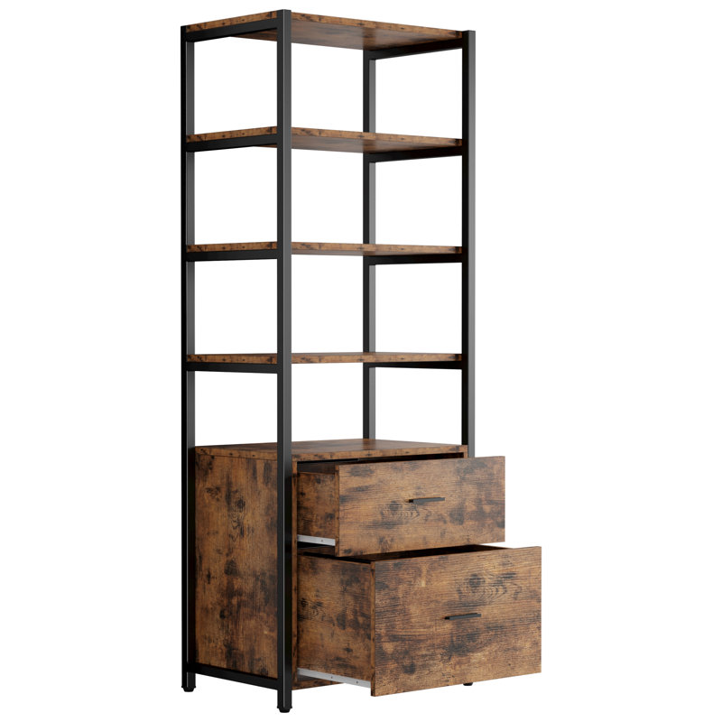 Bibliothèque industrielle Jayger avec tiroirs classeurs, Noir / brun rétro, (4 tablettes) H 72 po x l 24 po x P 16 po