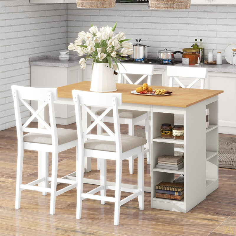 Ensemble de table de salle à manger à hauteur de comptoir en bois massif avec tablettes de rangement à 3 niveaux, chaises de salle à manger rembourrées pour 4, 5 pièces