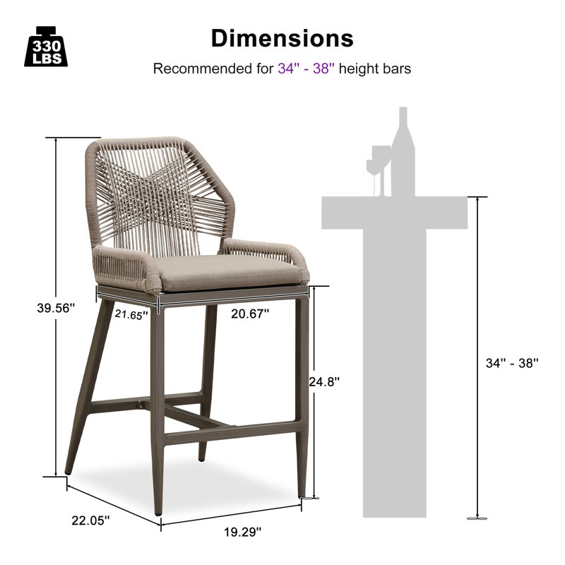 George Oliver Patio Aluminum Counter Height Bar Stools 24" H With Upgraded Fabric Cushion, Taupe, Light Gray