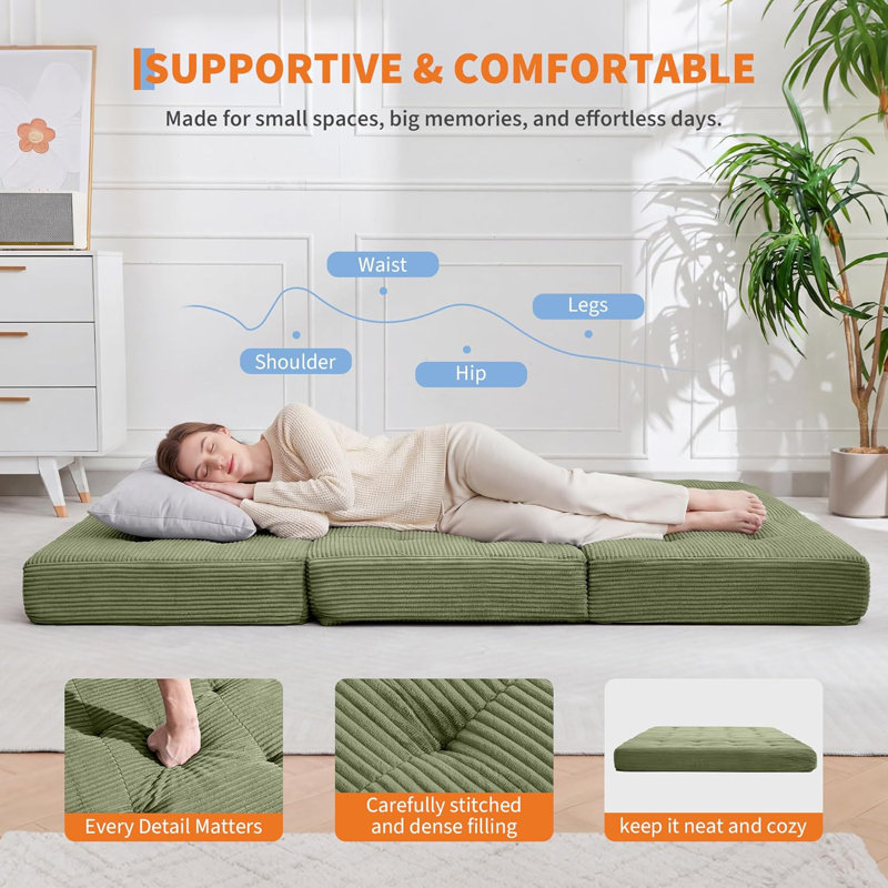 Foldable Floor Sofa Bed with High-Density Support Foam, 6-Inch Tri-Fold Mattress