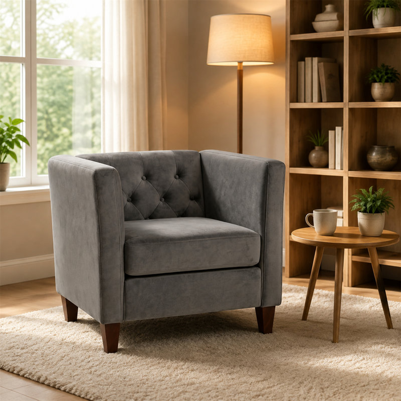 Chaise d'appoint moderne en velours capitonné à boutons avec accoudoirs carrés et pieds en bois massif