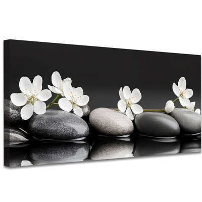 Art zen sur toile, fleur d'orchidée blanche et pierres thermales, impression sur toile, affiche moderne pour salle de bain, œuvre d'art sur toile prête à être accrochée