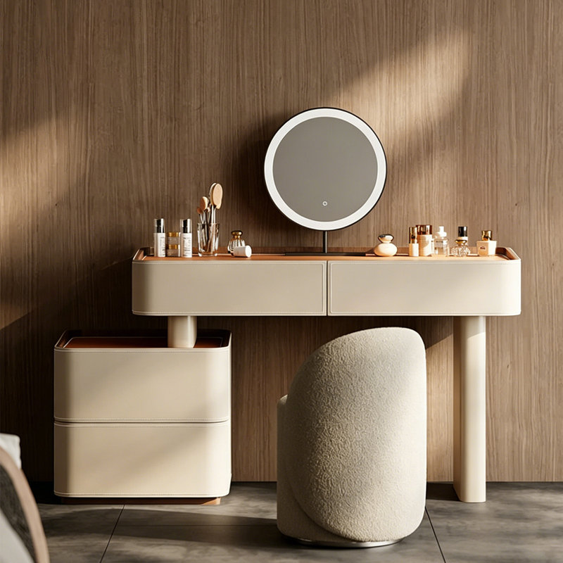 57.09"Simple khaki-colored chest-of-drawers dressing table with a mirror
