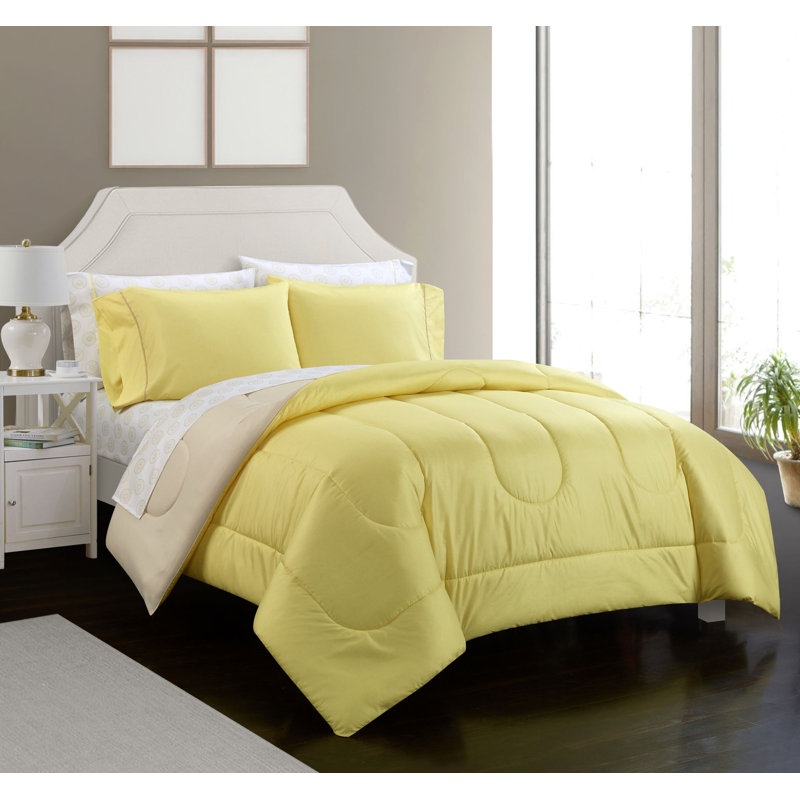 7pc Comforter Sets Polyester Comforter, Full/Double Comforter + 4 Pillow Cases, Yellow