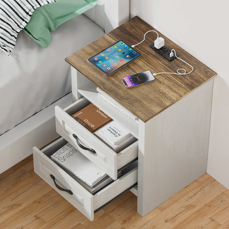 NightStand with Charging Station, Farmhouse Bedside Table with 2 Drawers and Open Storage,End Table with 2 AC Outlets & Type-C Ports for Bedroom