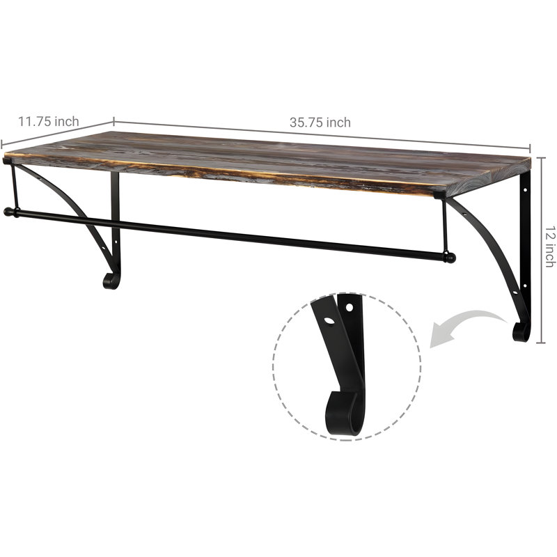 Wall Mounted Wood Shelving Unit With Metal Clothes Hanging Rod And Floating Display Shelf For Home Or Retail Storage