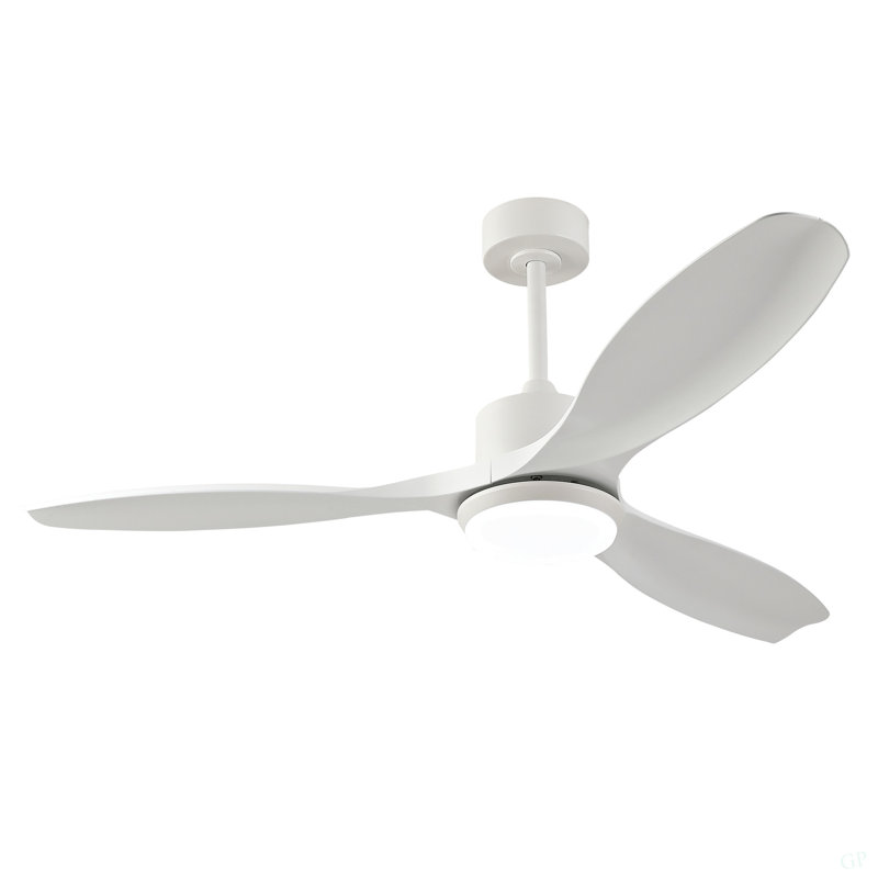 Modern White Ceiling Fan With Light, Featuring 3 ABS Plastic Blades, Remote Control Operation, Reversible DC Motor, And Dimmable LED Lighting.