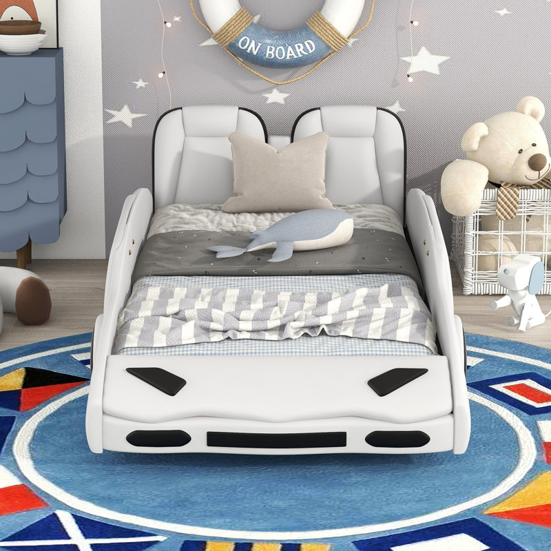 Twin Size Race Car-shaped Bed, White - Comfortable With Solid Guardrails Platform Bed Movable Wheels Functional And Stylish Bedroom Addition