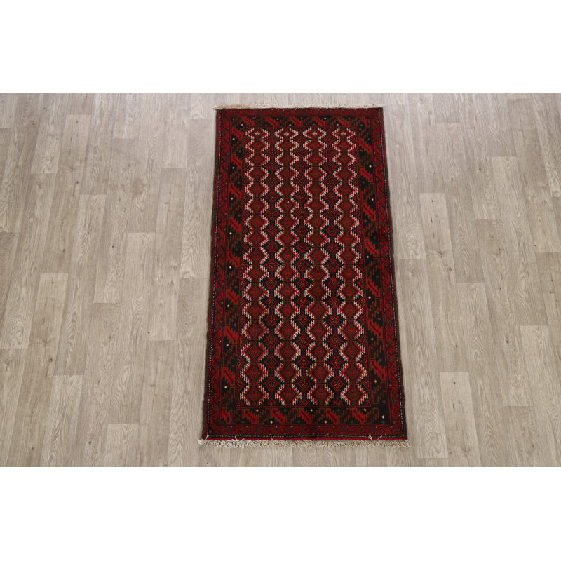 Tapis rouge / noir en laine nouée à la main de conception unique 3 pi 2 po x 6 pi 3 po New Age
