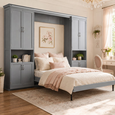 Queen Size Wall Murphy Bed Frame with Dual Sliding Front Storage Cabinets, 12 Side Shelves & Smooth Hydraulic Lift Mechanism