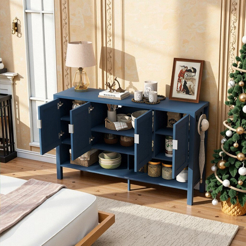Buffet de rangement multifonctionnel en MDF de 55,1 po avec 4 portes, tablette ouverte et crochets doubles