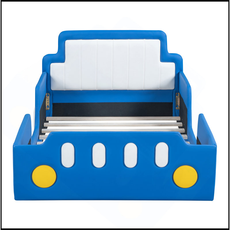 Lit plateforme simple en forme de voiture de course avec roues, bleu