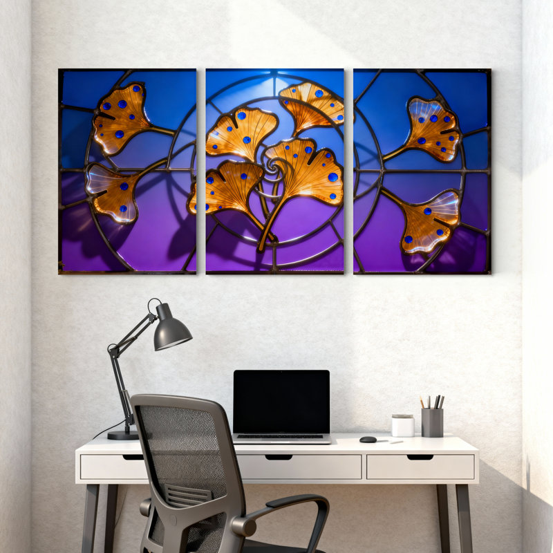 Tableau sur toile à motif de feuilles de ginkgo en vitrail (paquet de 3), H 36 po x l 72 po