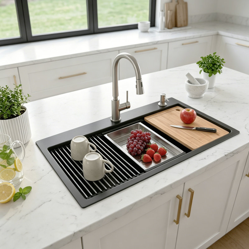 Évier de cuisine encastré / encastré à simple cuve en acier inoxydable, Satin Black, 30*22
