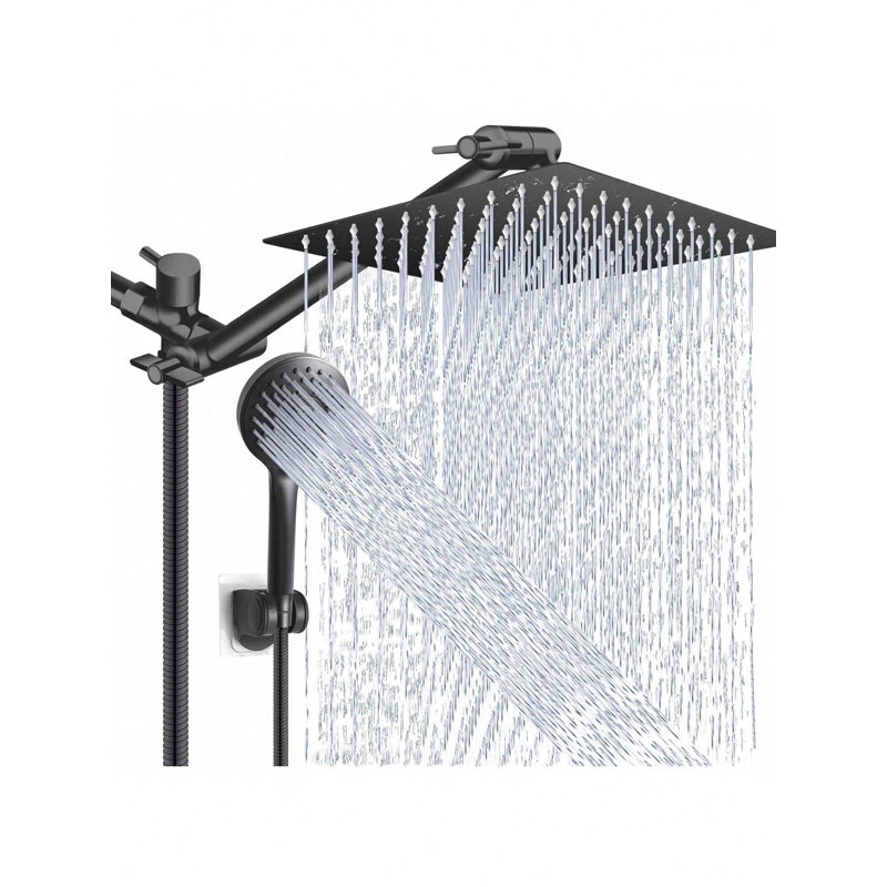 Matte Black Wall-Mounted Shower Head Combo,12" Rain Square Shower Head  With 9 Inch Adjustable Extension Arm And 3 Settings Handheld Spray,150cm Long Hose