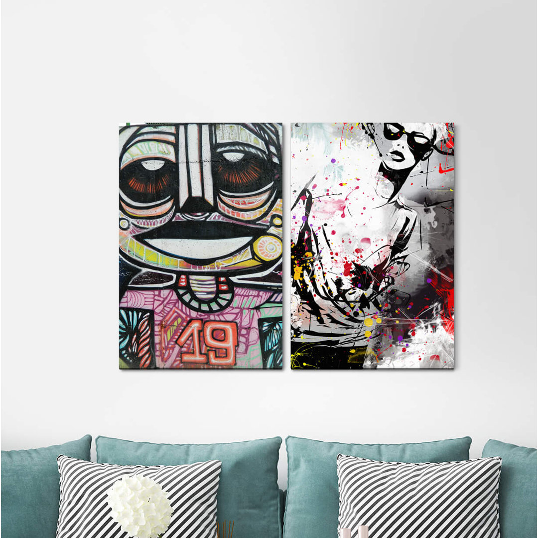 2-tlg. Leinwandbilder-Set - Grafikdruck "Streetart Graffiti Grunge bunte Jugendzimmer-Wand"