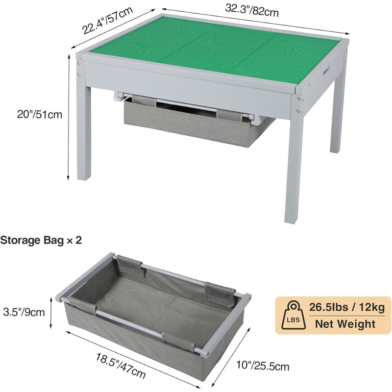 32.3" 2-in-1 Kids Activity Table with Storage Bags and Reversible Top, Gray, Gray