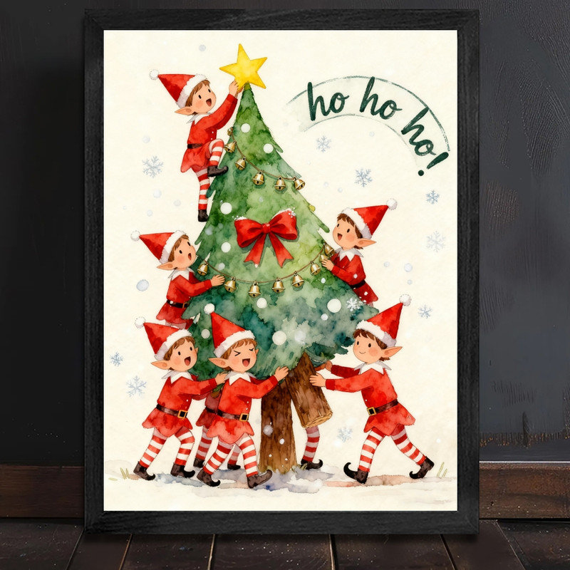 Cadre noir noir, elfes de Noël animés, reproduction de cadre aquarelle, H 17 po x l 13 po