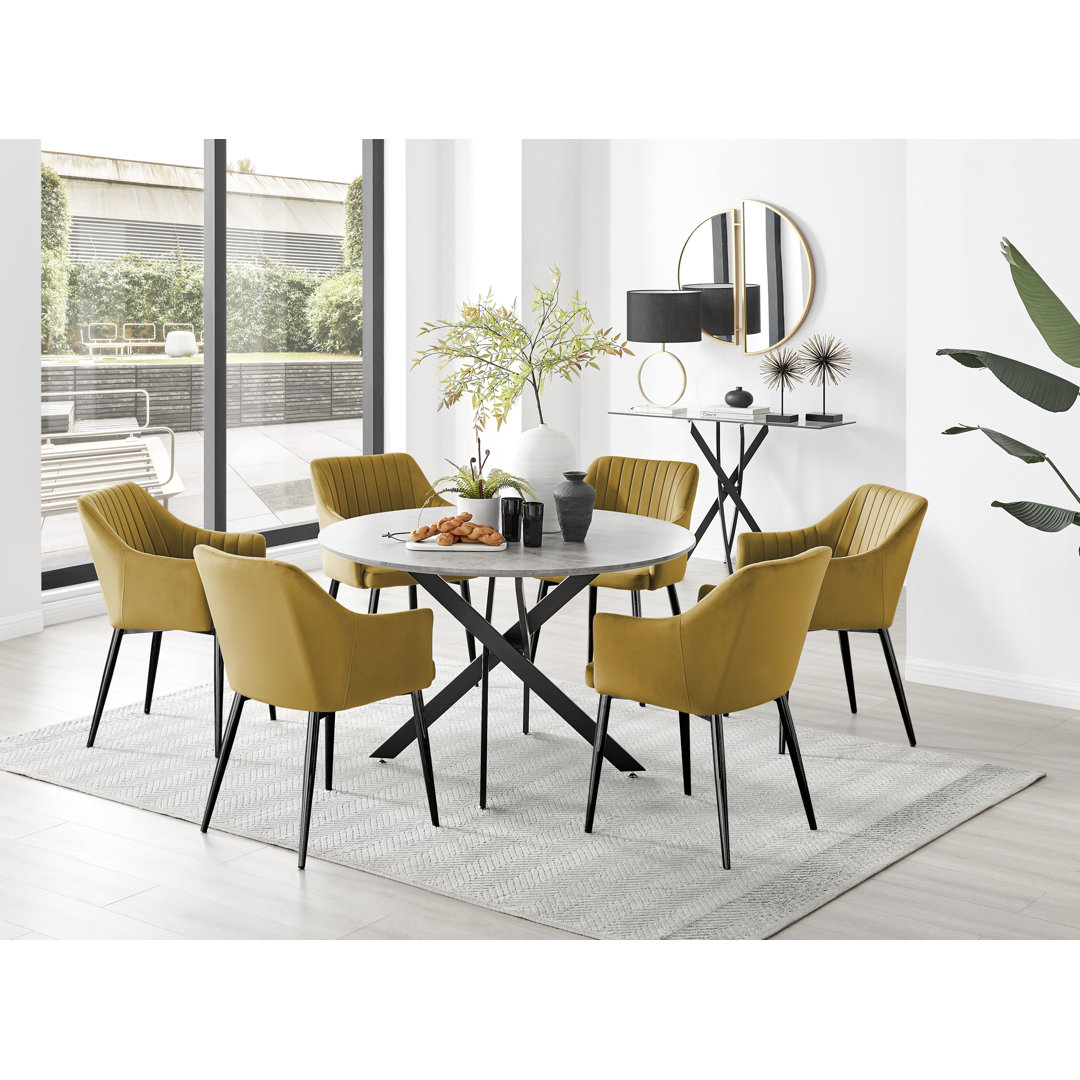 Tierra Modern Chrome Metal & Glass Round Dining Table Set with 6 Luxury Button Velvet Chairs
