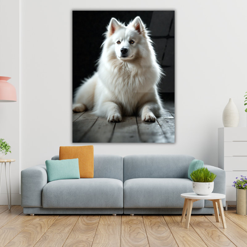 Art mural en verre trempé chien blanc, 36" H x 24" W