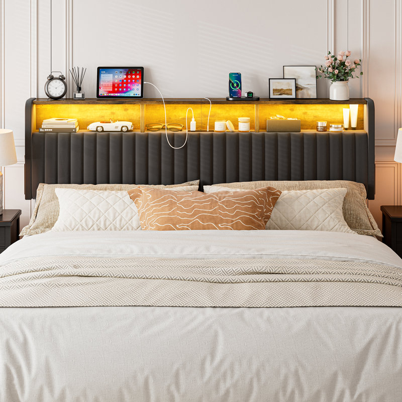  California King Headboard Only With Storage, Adjustable Height, Velvet Upholstered Cal King Head Board With Led Lights & Charging Station, Modern Freestanding Headboard, Easy Assembly, Black