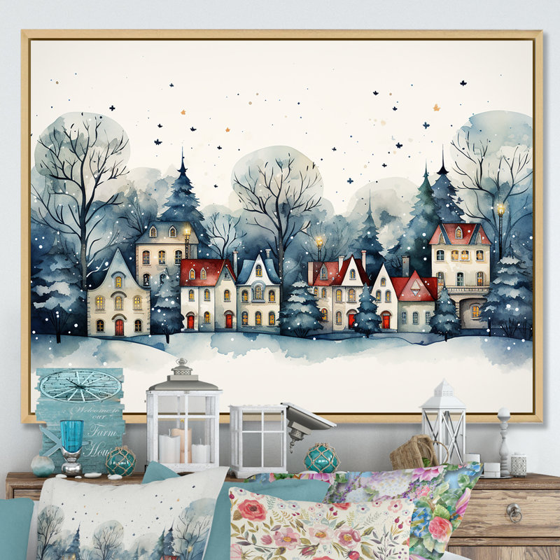 «Christmas Village In Winter I - Winter Landscape», art mural, Cadre flottant brun, H 34 po x l 44 po x P 1,5 po
