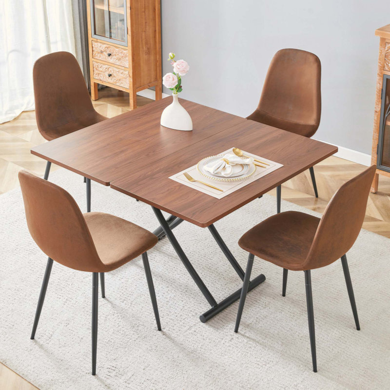 Ensemble de table et de chaises. Plateforme de levage moderne et multifonctionnelle, plateau en panneau de fibres à densité moyenne avec adhésif en bois, pieds en métal. Jumelé à 4 chaises en tissu brun